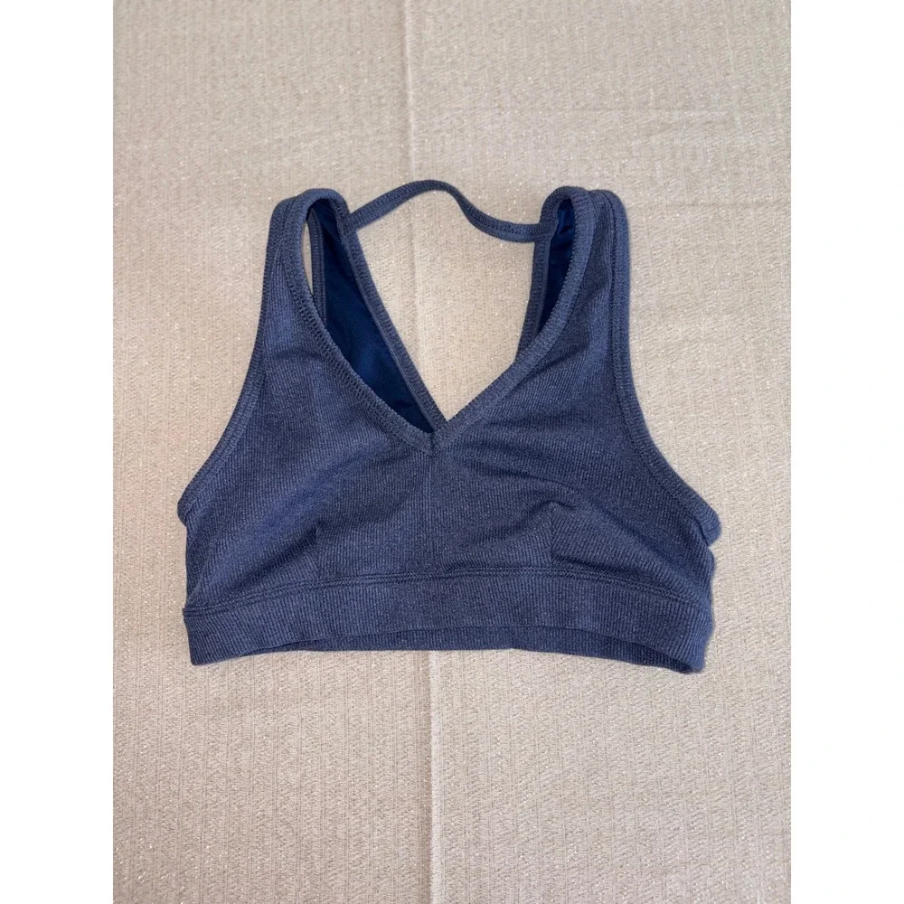 Alo Yoga togetherness Surplice Ribbed Sports Bra Small Blue Wrap Front Racerback